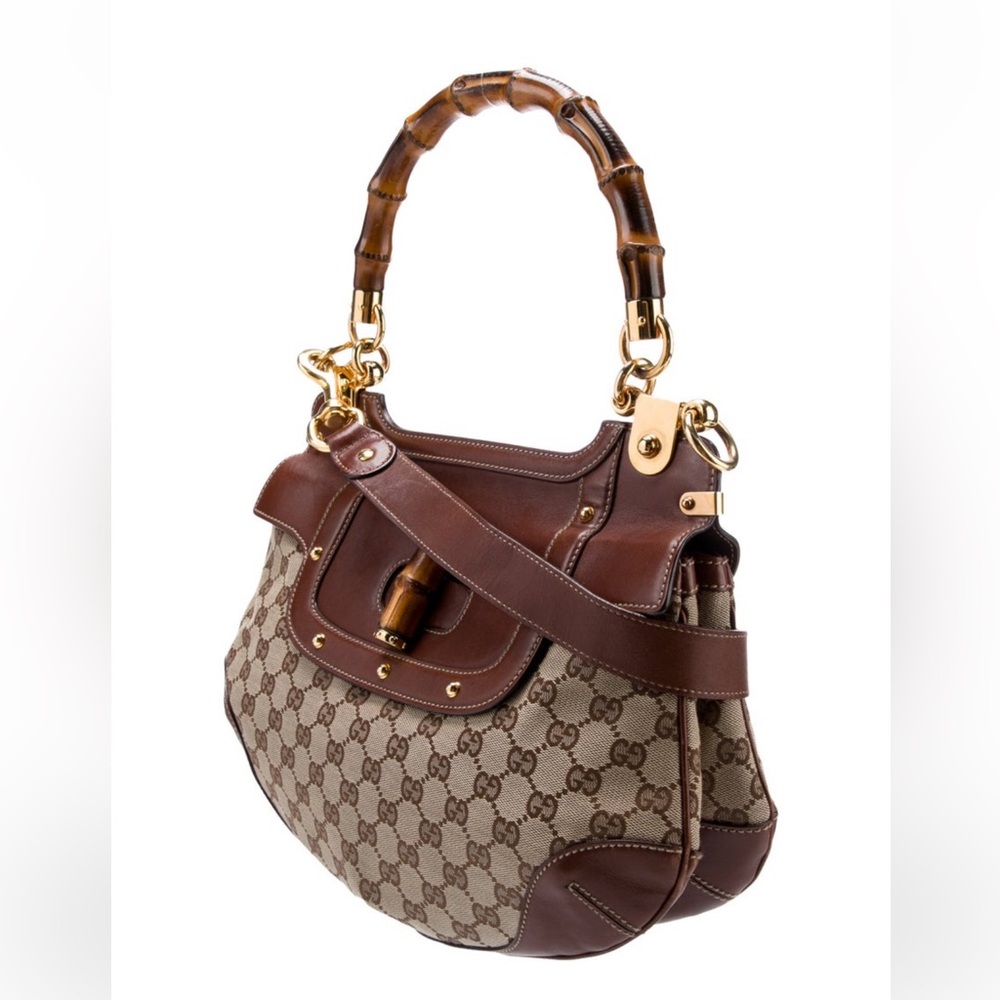 GUCCI  Peggy Brown Monogram Canvas and Bamboo Two-Way Bag